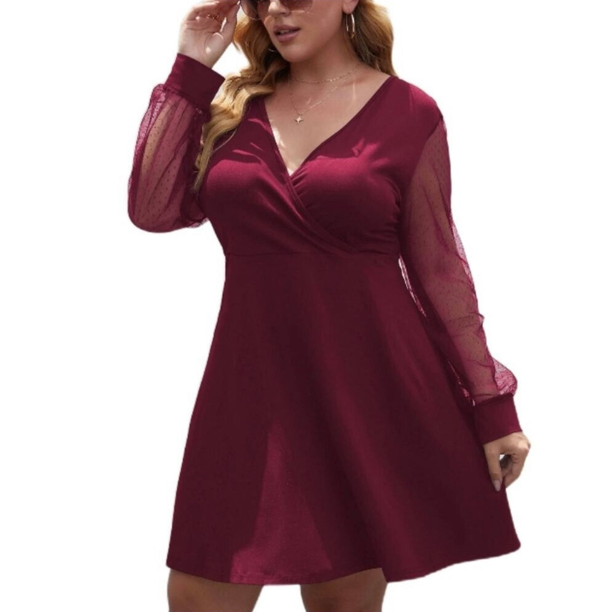 Plus Sheer Swiss Dot Long Sleeve Dress 3X