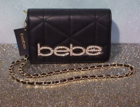 BEBE Purse Zaza  Quilted Crossbody Bag Black With Rhinestone