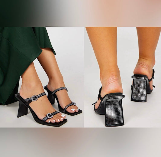 Black Bedazzled Mule Heeled Sandals Size 9