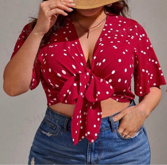 Red Polka Dot Tie-Front Top Size XL